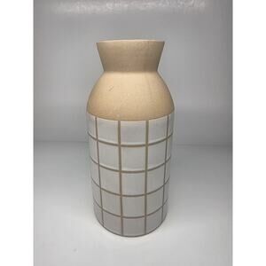 New Flower Market Ceramic Container Vase Tan White Tiles Square Grid